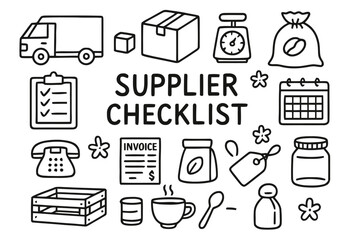 Supplier Checklist Doodles. Supplier checklist. Hand-drawn doodle illustration Supplier checklist delivery truck, box, bag of beans, clipboard, scale, invoice,