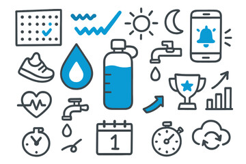 Habit & Hydration Doodles. // Hydration & habit tracking. Hand-drawn doodle illustration hydration & habit tracking [smart bottle (accented), droplet gauge