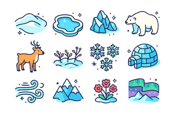 Winter Tundra Icons. Winter tundra. Colorful isometric vector icons set of winter tundra: snow-covered hills, frozen lake, icy rocks, polar bear, reindeer,