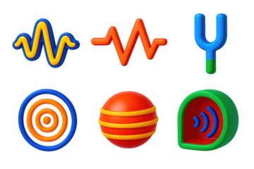 3D Sound Physics Icons. 3D icon set of sound physics: waveform, vibration line, soundwave ripple, tuning fork, resonance sphere,