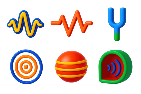 3D Sound Physics Icons. 3D icon set of sound physics: waveform, vibration line, soundwave ripple, tuning fork, resonance sphere,