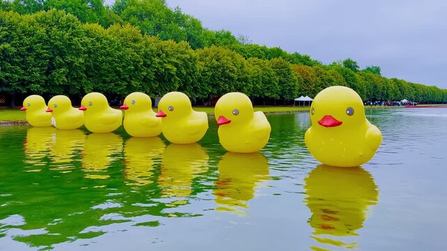 Giant inflatable yellow ducks on a lake for the annual festival in Fontainebleau, France