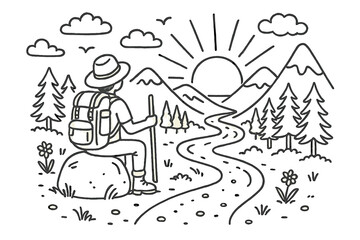 Obraz premium Solo Traveler at Sunset. Solo Traveler Sunset. Hand-drawn doodle illustration Solo Traveler Sunset person sitting on rock, sunset, mountains, clouds, river,