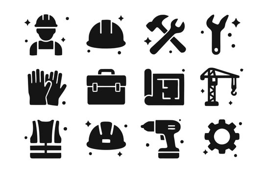 Workforce Icon Set. Workforce. Solid icons set of Workforce: construction worker, hard hat, hammer, wrench, gloves, toolbox, blueprint, crane, safety vest,