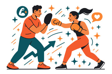 Dynamic Fitness Coaching. Fitness training and personal coaching. Trainer demonstrating boxing techniques with client; abstract floating icons, motion lines,