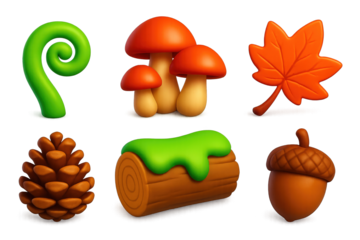 Woodland Floor Icons. 3D icon set of woodland floor: curled fern fiddlehead, mushroom cluster, mossy log, pinecone, fallen leaf,