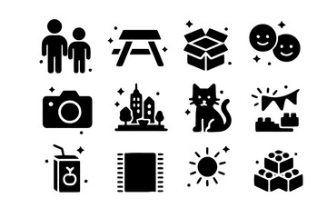 Obraz premium Family LEGO Fun. Family LEGO Day. Solid icons set of Family LEGO Day: parent and child, picnic table, open box, smiling faces, camera, completed city, cat pet,