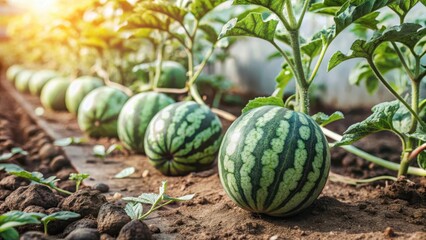 Fresh green watermelon plants growing on the ground with vines and leaves