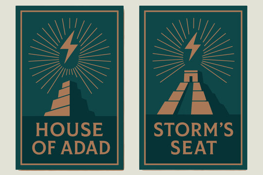 Adad Temple Banners. Temple of Adad. Two vertical A6 banners with safe margins, centered composition, no elements touching edges, modern, teal and copper,