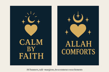 Tranquil Heart Banners. Tranquil Heart. Two vertical A6 banners with safe margins, centered composition, no elements touching edges, bold, navy and gold, heart