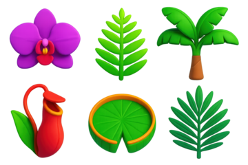 Vibrant Rainforest Icons. 3D icon set of rainforest plants: orchid, fern leaf, banana tree, pitcher plant, giant lily pad, palm
