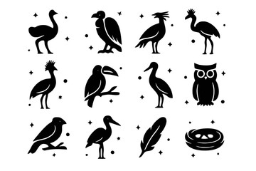 Obraz premium Savanna Birds Icons. Savanna Birds. Solid icons set of Savanna Birds: ostrich, vulture, secretary bird, crowned crane, hornbill, flamingo, weaver bird, stork,
