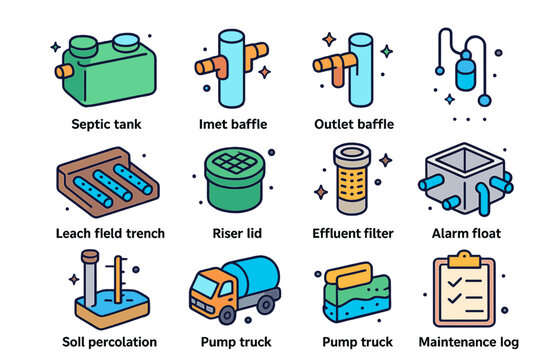 Colorful Septic System Icons. Septic systems. Colorful isometric vector icons set of Septic systems: septic tank, inlet baffle, outlet baffle, distribution