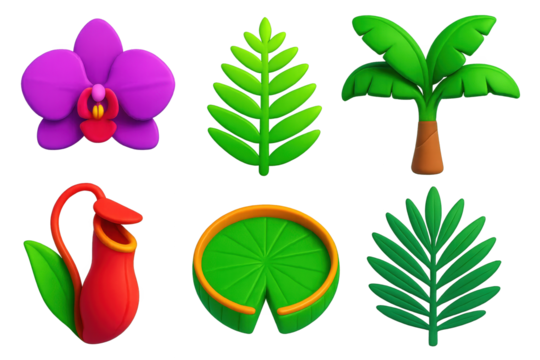 Vibrant Rainforest Icons. 3D icon set of rainforest plants: orchid, fern leaf, banana tree, pitcher plant, giant lily pad, palm