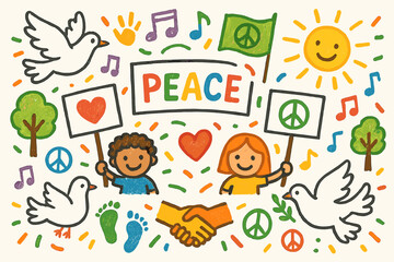 Obraz premium Colorful Peaceful Protest. Peaceful protest. Colorful Hand-drawn doodle Children illustration Peaceful protest signs, doves, banners, hearts, smiling faces,