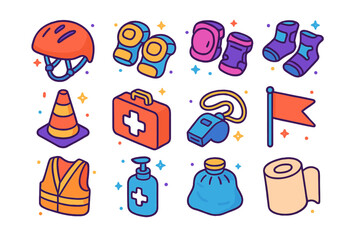 Playground Safety Icons. playground safety gear. Colorful isometric vector icons set of playground safety gear: helmet, knee pads, elbow pads, wrist guards,