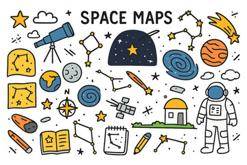 Colorful Space Doodles. Space maps. Hand-drawn doodle illustration constellations (colored), stars (colored), planets (colored), moon (colored), telescope