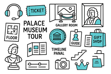 Palace Museum Doodle. Palace museum tour. Hand-drawn doodle illustration palace museum tour [audio guide (accented), ticket (accented), gallery room, portrait
