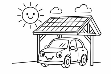 Solar Carport Coloring Fun. Solar carport children?s coloring book illustration, outlined drawing, a cheerful car parked under a solar roof while the sun