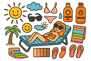 Beach Tanning Doodles. Tanning. Colorful Hand-drawn doodle Children illustration Tanning sunbed, sunglasses, beach, lotion, tanning oil bottle, bikini, sun,