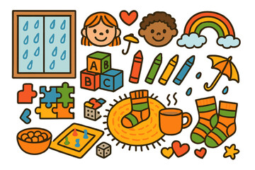 Obraz premium Rainy Day Doodles. Rainy day play. Colorful Hand-drawn doodle Children illustration Rainy day play window with raindrops, toy blocks, crayons, puzzles, board