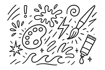 Painter's Energy Burst. Painter?s energy. Hand-drawn doodle illustration painter?s energy brush, palette, motion lines, splash, swirl, lightning, exclamation