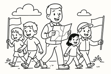 Children's Procession Coloring. Community procession children?s coloring book illustration, outlined drawing, a group of smiling travelers walking together