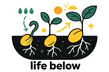 Obraz premium Germination Dynamics. Seeds ? Germination. Underground view of roots and shoots forming; thin arrows show water flow and light direction. Caption ?life below?.