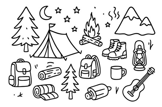 Camping Adventure Icons. Camping and rest. Hand-drawn doodle illustration camping and rest tent, campfire, trees, moon, stars, backpack, boots, lantern, mug,