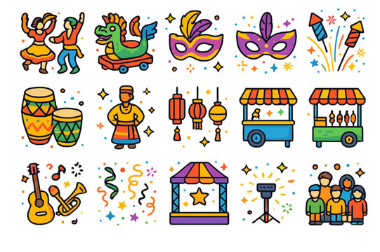 Festive Icons Collection. Festival activities. Colorful isometric vector icons set of festival activities: traditional dance, parade float, festival mask,