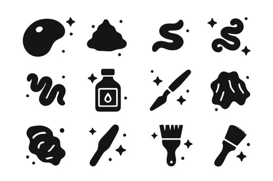 Oil Painting Essentials. Oil painting palette setup. Solid icons set of Oil painting palette setup: wooden palette, titanium white pile, cadmium red, cadmium