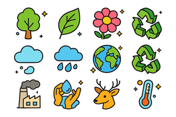 Obraz premium Colorful Environmental Icons. Environment. Colorful isometric vector icons set of Environment: tree, leaf, flower, sun, cloud, rain, earth, recycle, pollution,