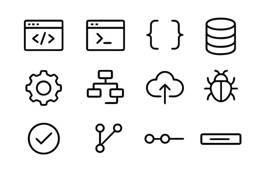 Software Development Icons. Software Development. Line icon set of Software Development: code editor, terminal window, brackets, database icon, gear,