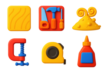 3D Carpentry Icons. 3D icon set of carpentry workshop: wooden board, tool rack, sawdust pile, clamp, tape measure, wood glue