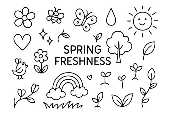 Spring Doodle Elements. Spring freshness. Hand-drawn doodle illustration Spring freshness flower, leaf, bee, butterfly, droplet, rainbow, sun, bird, grass,