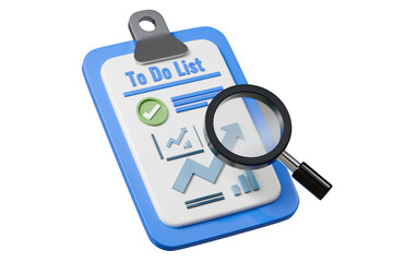 3D clipboard to-do list with magnifying glass task review audit QA icon blue board, checkmark, analytics isolated on white. 3D render.