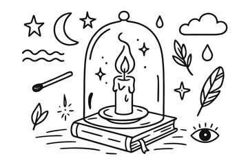 Obraz premium Candlelight Symbols Doodle. Candle in the dark. Hand-drawn doodle illustration Candle in the dark single flame, shadow, smoke, moon, star, cloud, table, match,