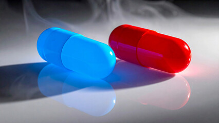 Neon glowing red and blue capsules symbolizing futuristic choice and technological innovation
