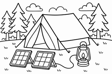 Camping With Solar Power. Portable solar panels children?s coloring book illustration, outlined drawing, a camping scene with a tent, trees, and small foldable