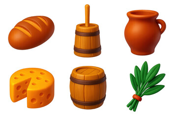 Rustic Kitchen Icons. 3D icon set of rustic kitchen: bread loaf, butter churn, clay pot, cheese wheel, wooden barrel, herb bundle.