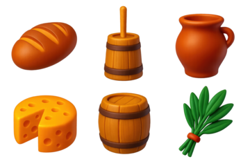 Rustic Kitchen Icons. 3D icon set of rustic kitchen: bread loaf, butter churn, clay pot, cheese wheel, wooden barrel, herb bundle.