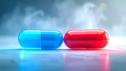 Neon glowing red and blue capsules symbolizing futuristic choice and technological innovation

