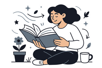 Outdoor Reading Vibes. Reading outside. Book open mid-swing, gentle gust flips pages; flower pot and cup resting beside. Time suspended between words and wind.