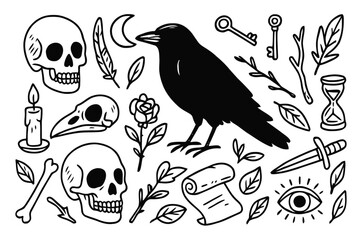 Obraz premium Raven and Skulls Illustration. Raven and skulls. Hand-drawn doodle illustration Raven and skulls human skull, crow skull, feather, candle, bone, rose, branch,