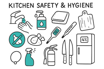 Fototapeta premium Kitchen Safety Essentials. // Kitchen safety & hygiene. Hand-drawn doodle illustration Kitchen safety & hygiene [handwashing tap (accented), soap dispenser