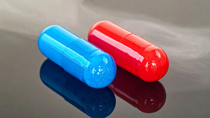 Neon glowing red and blue capsules symbolizing futuristic choice and technological innovation
