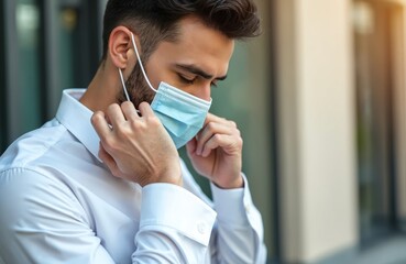 Fototapeta premium Handsome businessman wears face mask outdoor. Man puts on protective mask in front of building. Male model in white shirt protects against virus at work.
