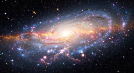 A vibrant galaxy swirls with stellar nurseries, dust lanes, and a bright core amidst a dark expanse