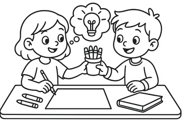 Friends Sharing Ideas. collaboration children?s coloring book illustration, outlined drawing, two friends sharing ideas and materials, educational design for