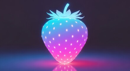 A vibrant neon strawberry, glowing with blue, pink, and purple hues against a dark background